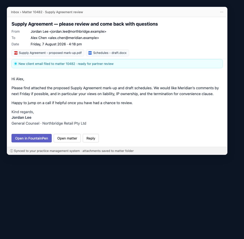 Incoming client email with attachments filed to the matter in the practice management system