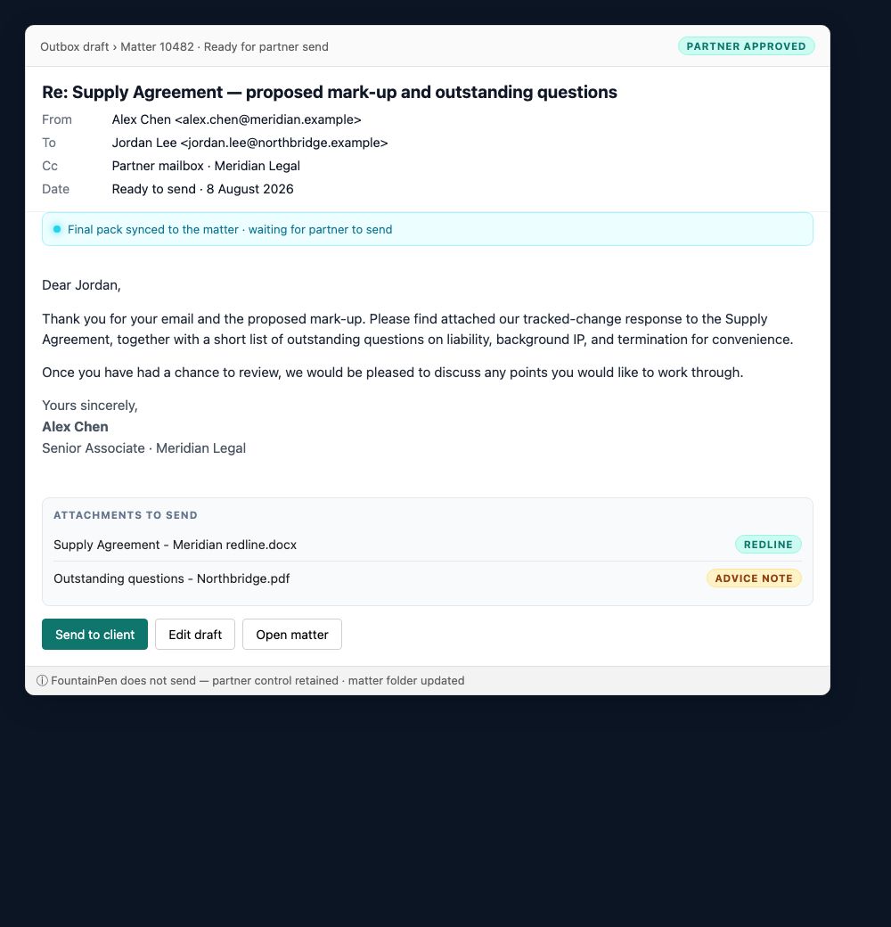 Partner-approved client email with redline and advice note attachments ready to send