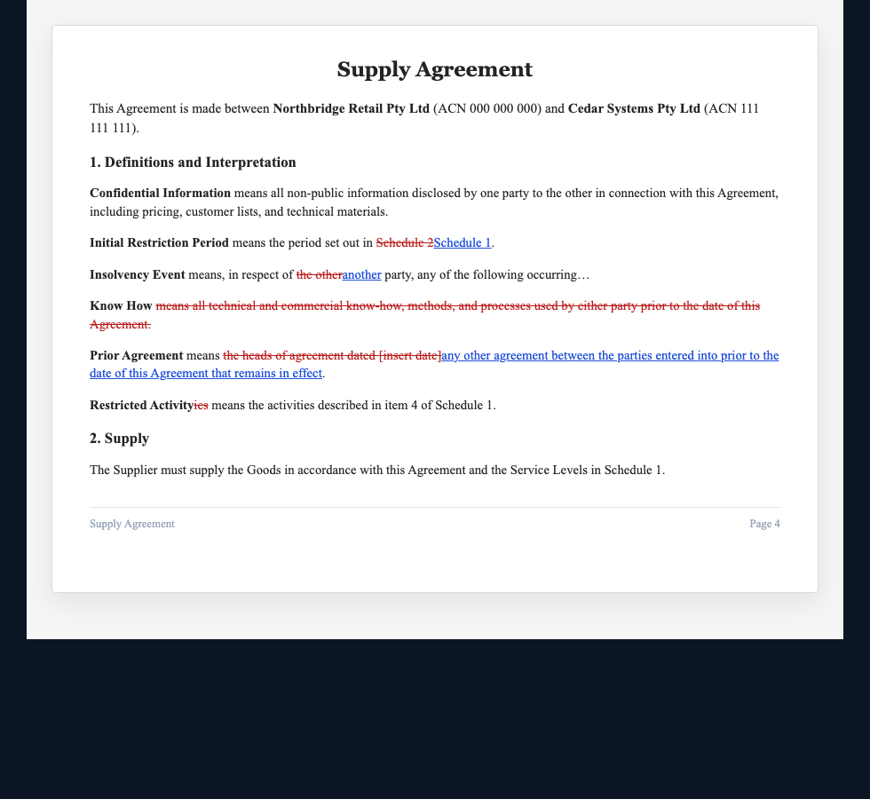 Legal document page showing tracked-change redlines with deletions and insertions