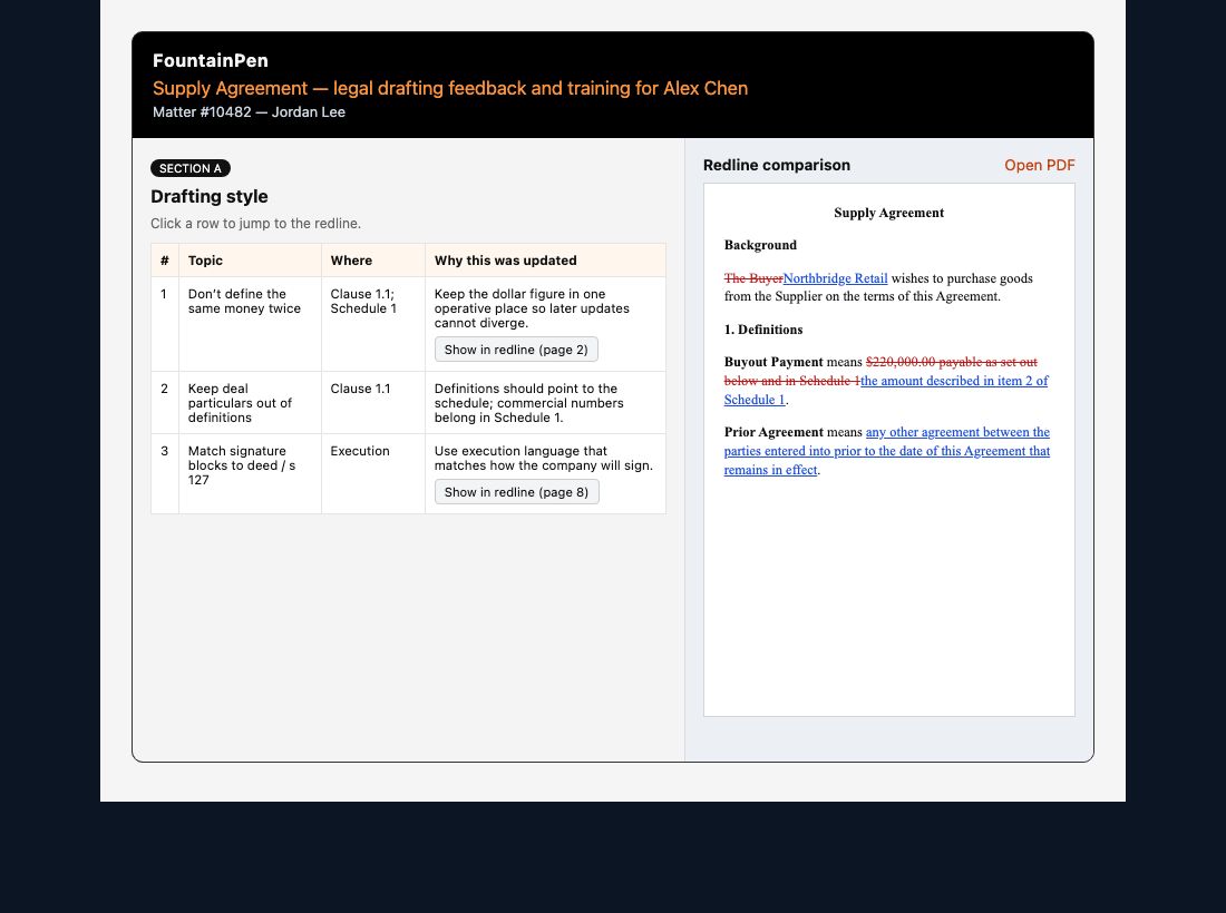 Interactive learning feedback panel beside a redline comparison, with Show in redline controls